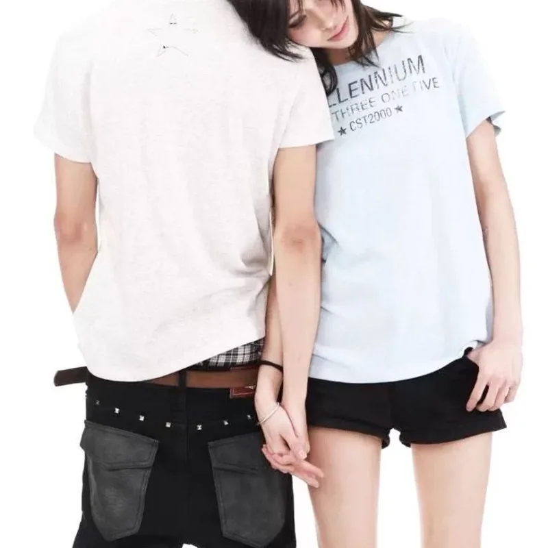 American Retro Dark Pattern Star Pattern Round Neck Short Sleeved Loose T-shirt Fashion Y2k Subculture Basic Summer Top