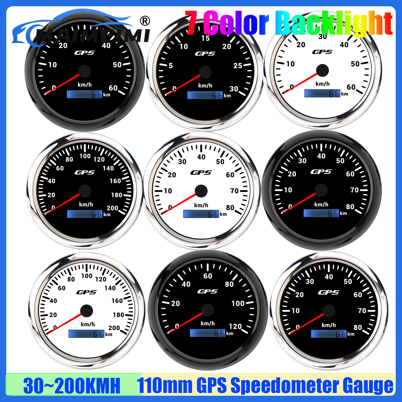 7 Color Light 110mm GPS Speedometer Gauge with Antenna 30~200KMH Odometer for Gasoline Diesel Automobile Car Boat Yacht 9-32V