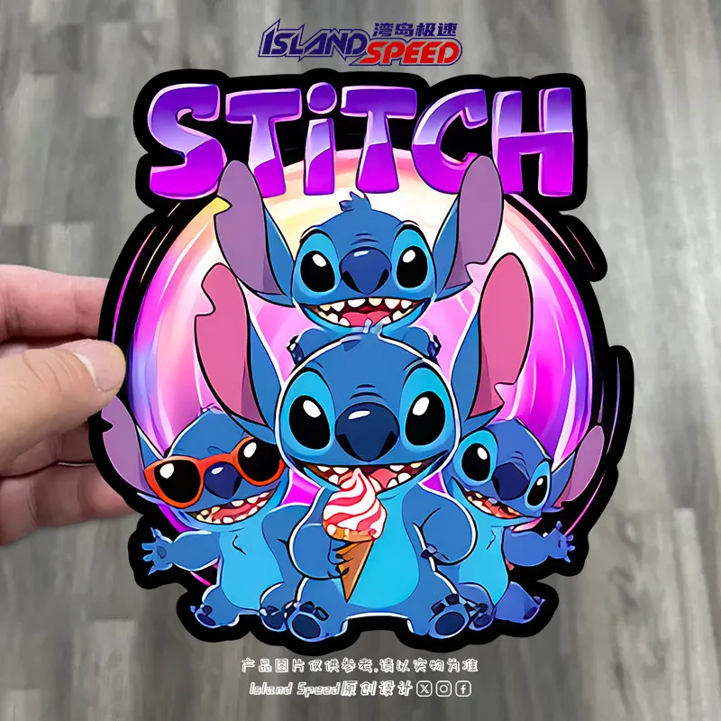 

Disney Stitch Neon Car Sticker Laser Reflective Cartoon Creative Decoration Decal Motorcycle Triangle Window Decoration Gift