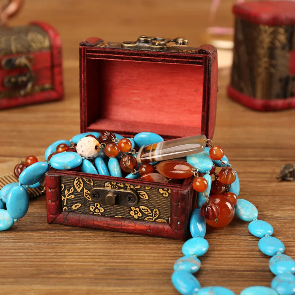 1PCS Jewelry Box Vintage Wood Handmade Box With Mini Metal Lock For Storing Jewelry Treasure Pearl