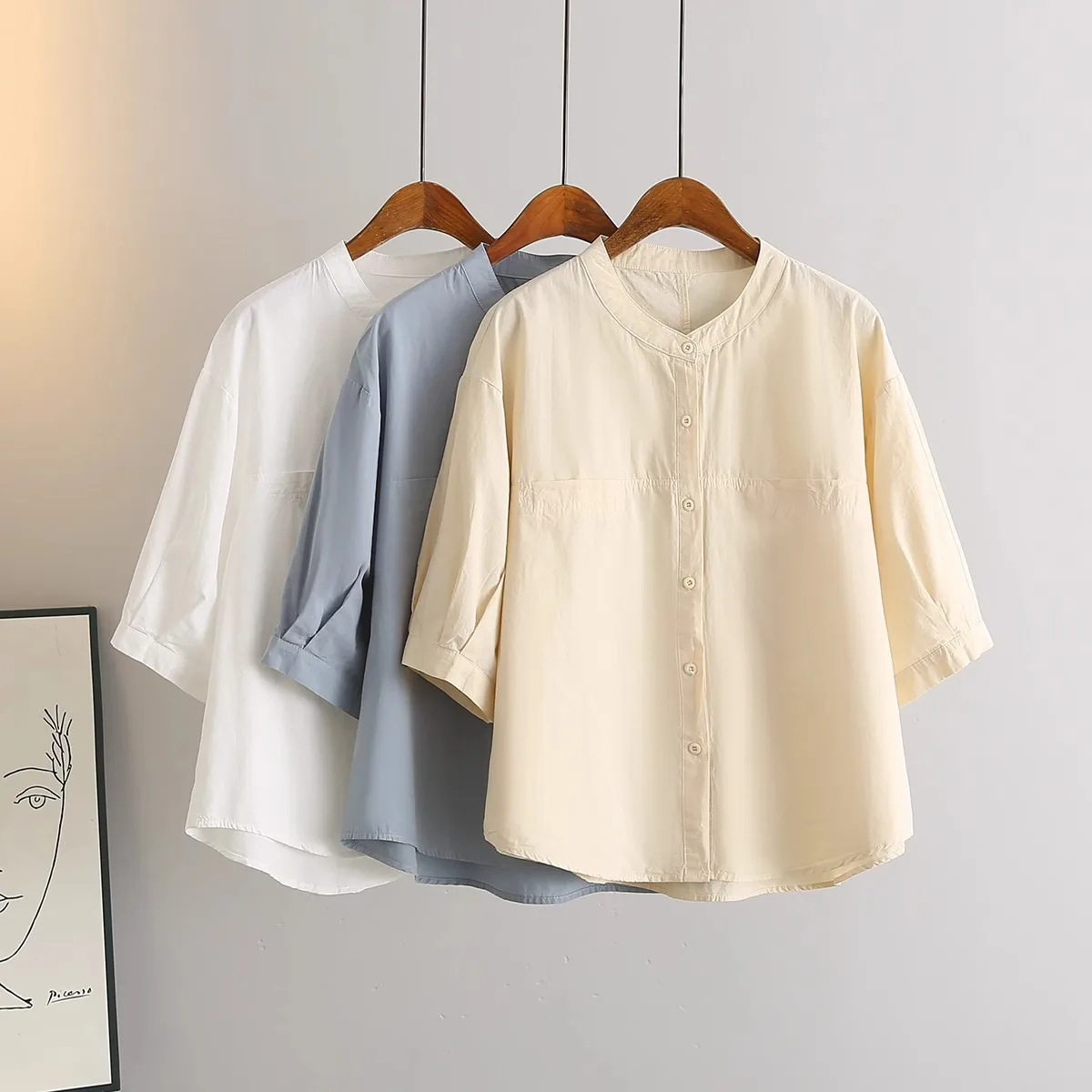 

Свободная хлопковая рубашка для женщин, повседневный топ с круглым вырезом и коротким рукавом, однотонный, для работы и отдыха, весна-лето, новинка