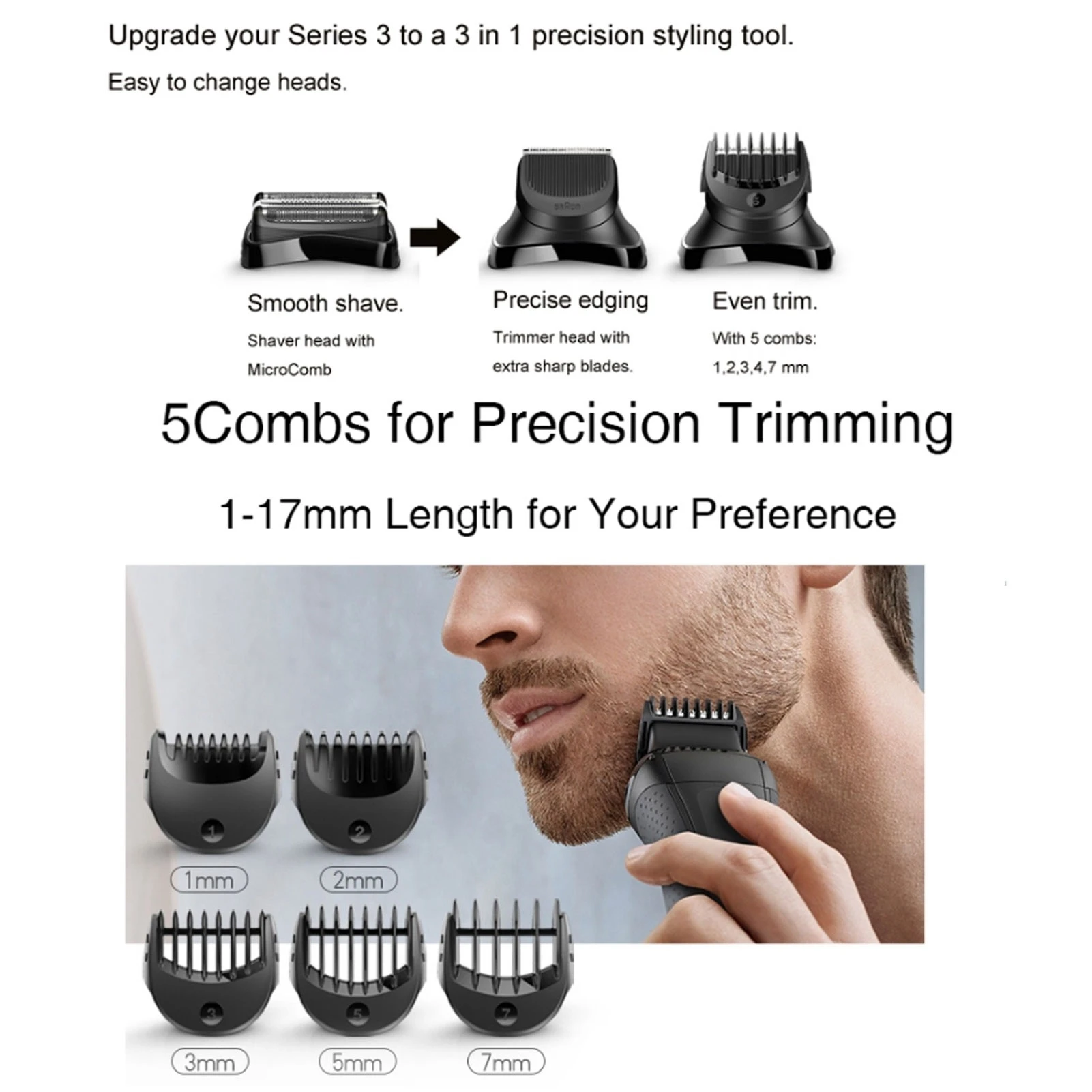 Electric Shaver Beard Trimmer Head 5PC Guid Comb Trimming Set Fit for Braun Series 3 Shaver Head Replacement Shaver Trimmer Head