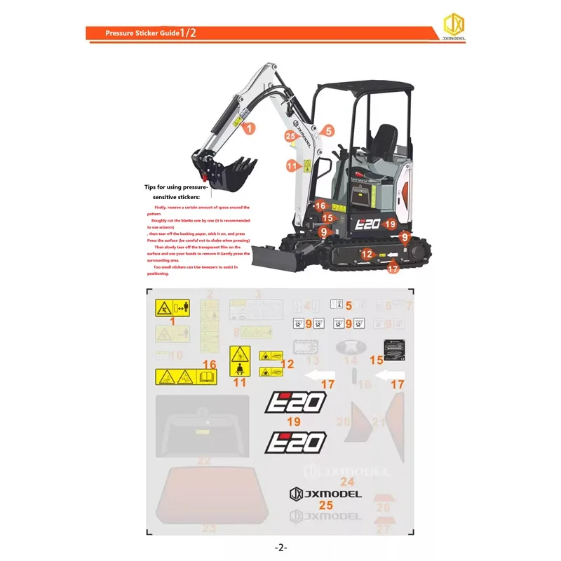 JX-E20-TZ-1/14 model micro excavator pressure-sensitive sticker JXmodel bobcat logo water transfer warning. - Image 3