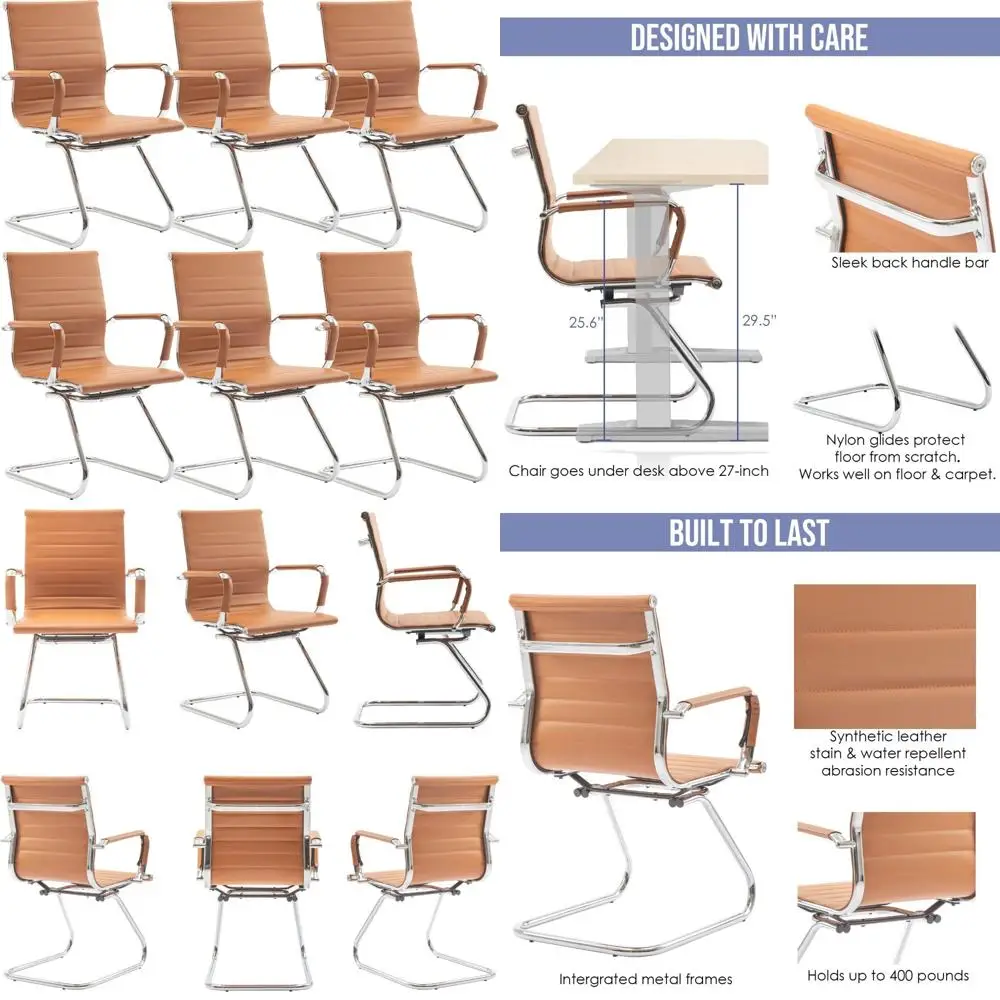 Leather Mid-Back Conference Chairs for Waiting Rooms, Sled Base, No Wheels, Ideal for Reception Areas and Guest Seating