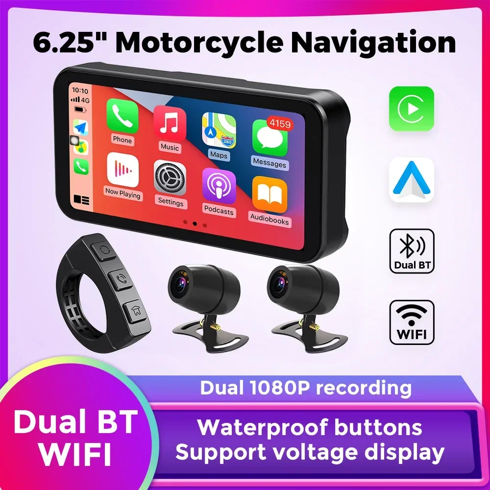 

Motorcycle Portable Wireless Carplay Android Auto GPS Navigation 6.25'' Display Screen Moto Monitor IP67 Waterproof Dual BT WIFI