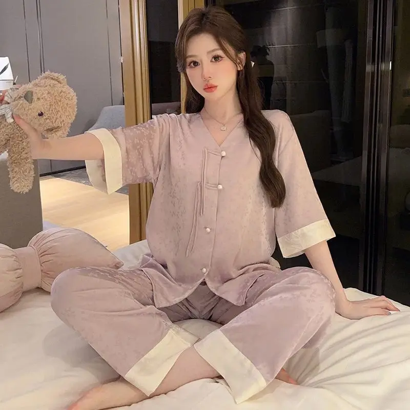 Ice Silk Pajamas Women's Chinese Style Disc Buckle Jacquard Loungewear Women Summer Thin three-quarter Sleeve Clothes for Women