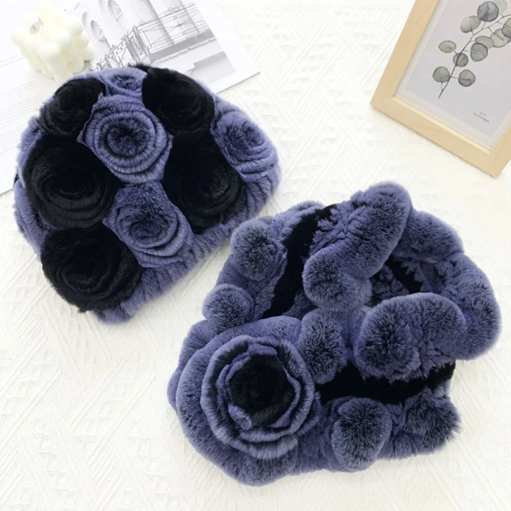 New Women Winter Fur Hat Scarf Sets Natural Warm Real Rex Rabbit Fur Cap Scarves Lady Knitted Warm 100% Genuine Fur Hats Muffler