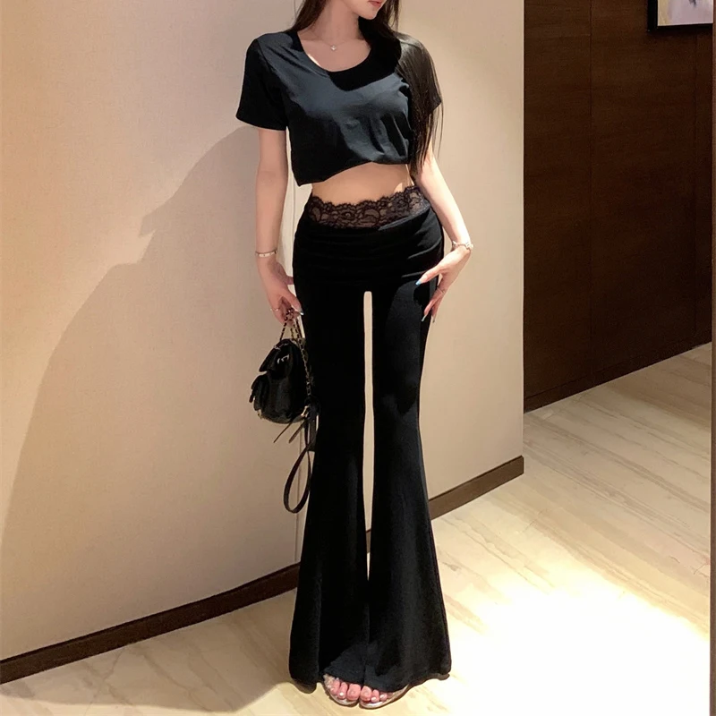 Xingqing y2k Pants Women Fairycore Clothes Solid Color Lace Trim High Waist Bell Bottoms Trousers 2000s Clothing Streetwear