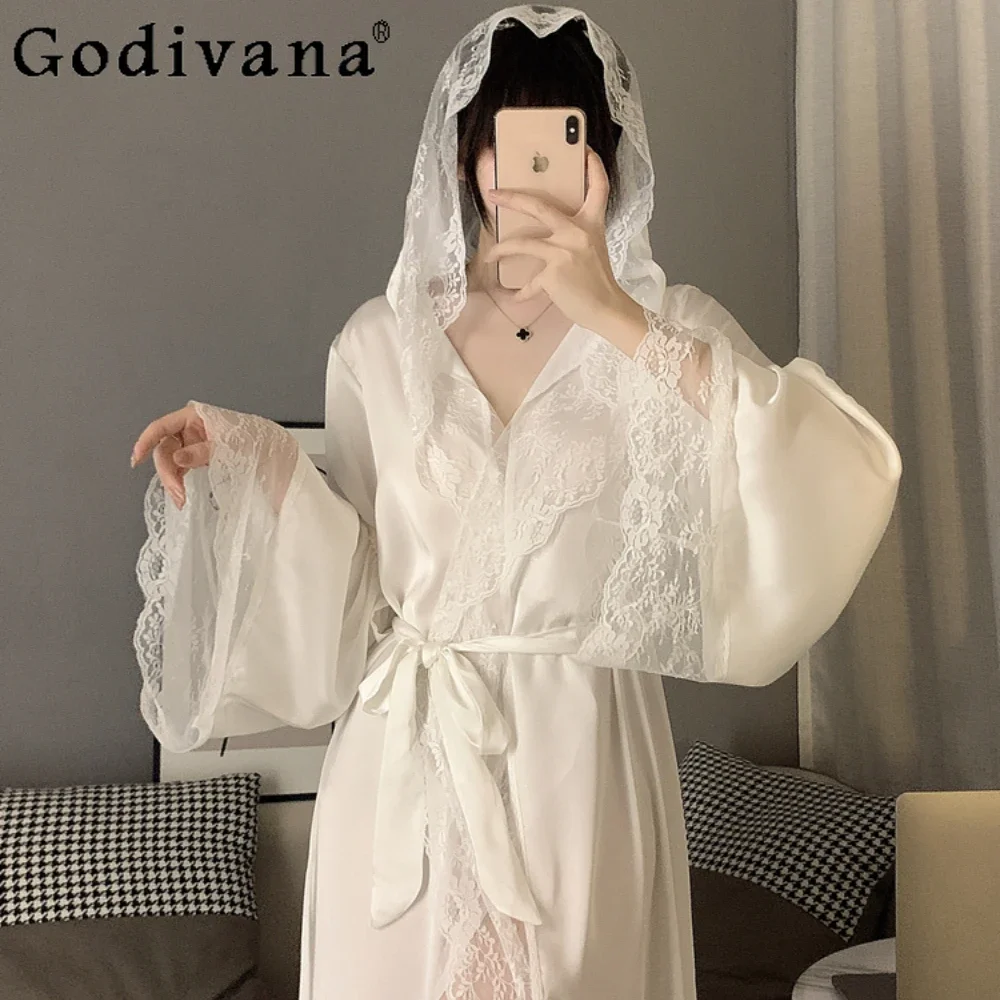 

Ice Silk Pajamas Women's Spring Autumn Long-sleeved Sexy Lace Nightgown French Court Style Bathrobe Robe Homewear