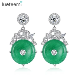 LUOTEEMI New Fashion Green Stone Drop Long Earrings for Women Elegant Girl Cubic Zirconia Earring Stylish Chic Jewelry Gifts