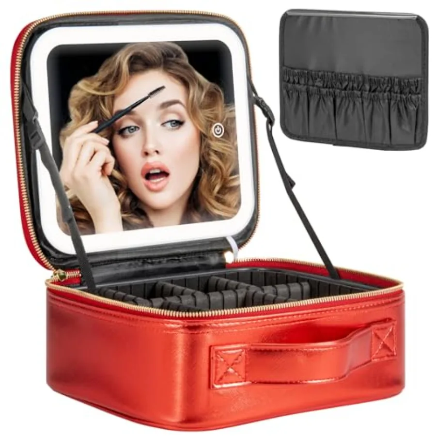 

Makeup Travel Train Case with Mirror LED Light 3 Adjustable Brightness Large Cosmetic Bag Portable Storage Adjustable Partition