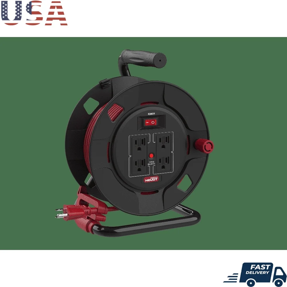 

50ft Cord Reel 4 Power Outlets Heavy Duty 14 AWG SJTW Cable Outdoor Extension Cord With ON OFF Switch Safety Breaker