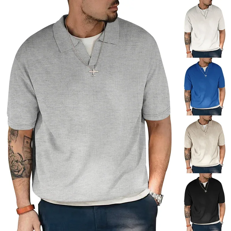 

Pop Summer Fashion Men's Polo Shirt Casual Men's Clothing Quality Waffle Fabric Lapel Short-sleeved Sweater Slim-fit Heavy T-shi