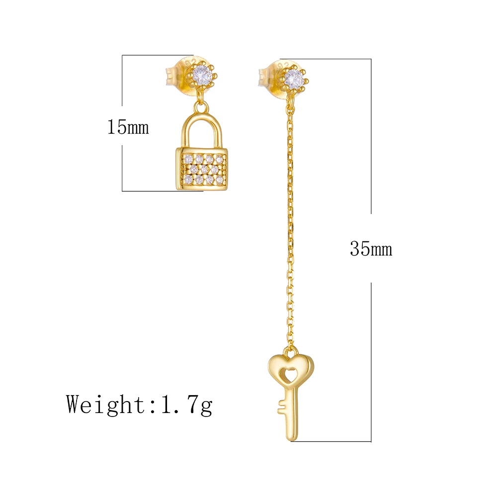 925 Sterling Silver Mismatched Lock Heart Key Drop Earrings Full Paved CZ Dainty Romantic Love Jewelry Gift For Women