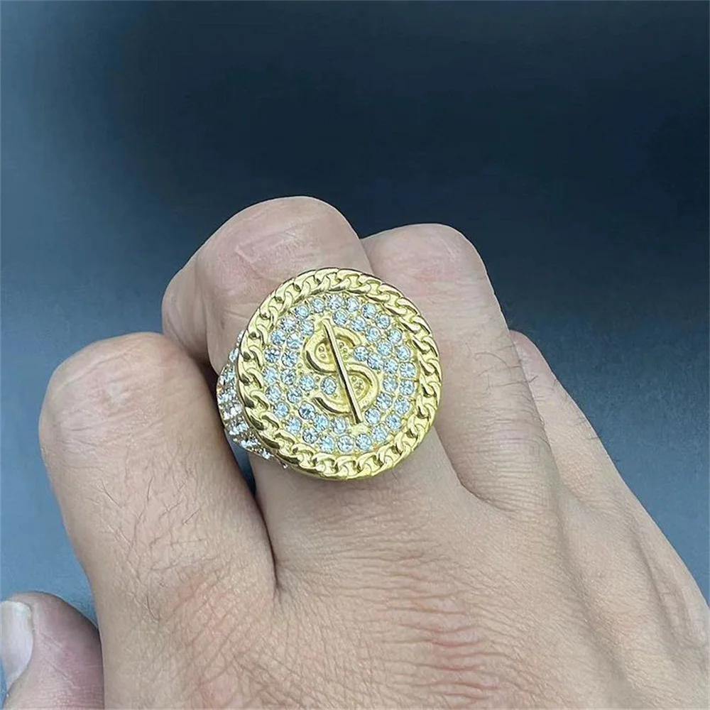 

Hip Hop Iced Out Bling Money Dollar Signs Ring Gold Color Stainless Steel Zirconia Big Round Rapper Rings For Men Jewelry Gift