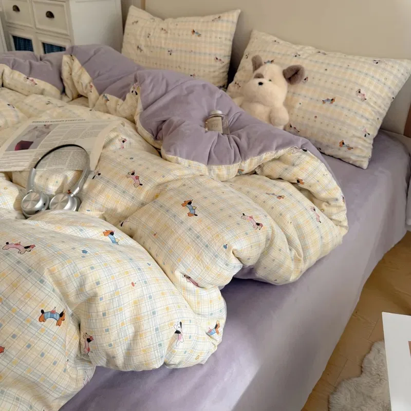 

Double-Sided Gauze & Milk Fleece Bedding Set - Autumn Winter Warm Cotton-Fleece Cartoon Floral Multi-Functional 3/4-Piece