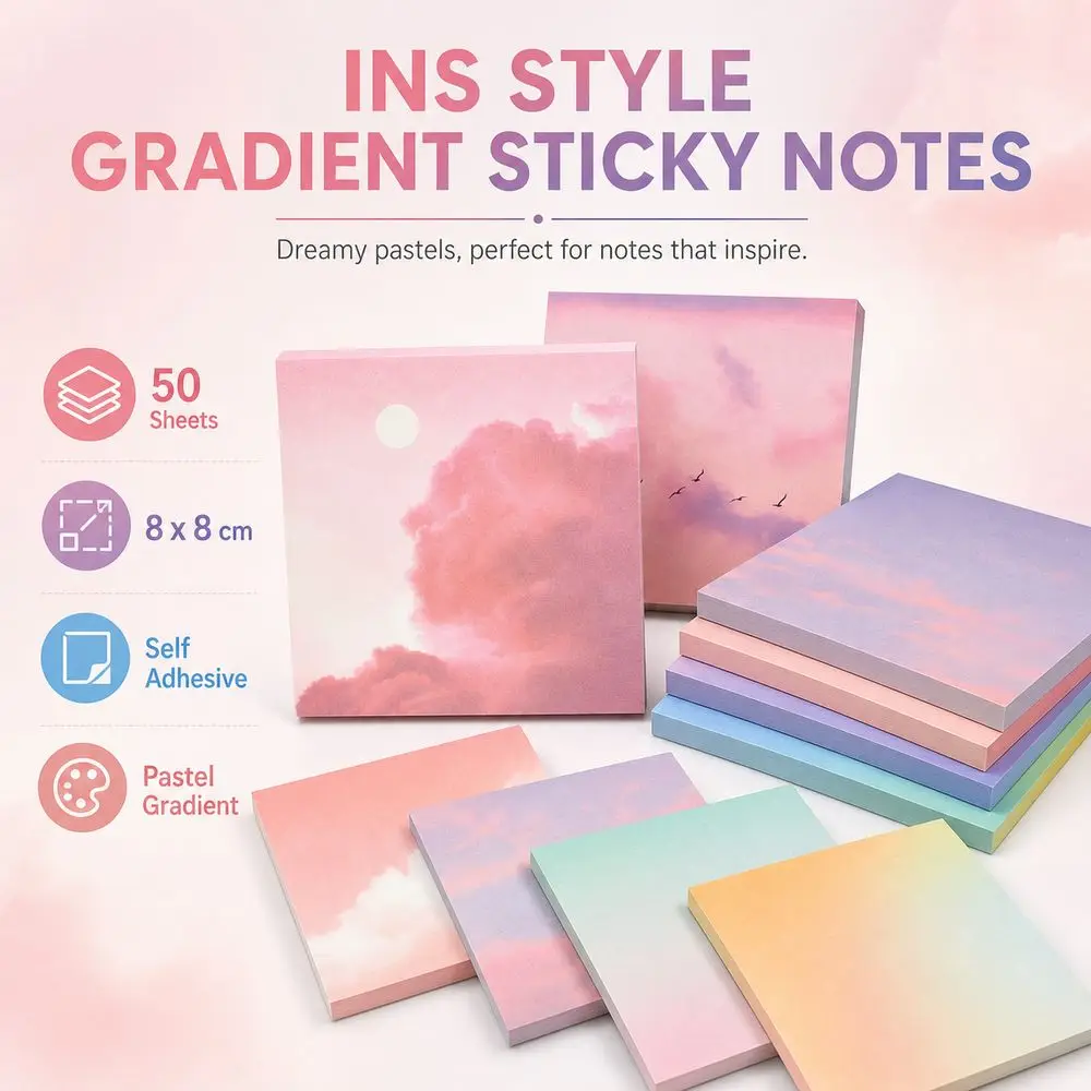 50 Sheets Square Sticky Notes Self-Adhesive Ins Style Notebook Planner Sticker Gradient Color Decorative Notepad
