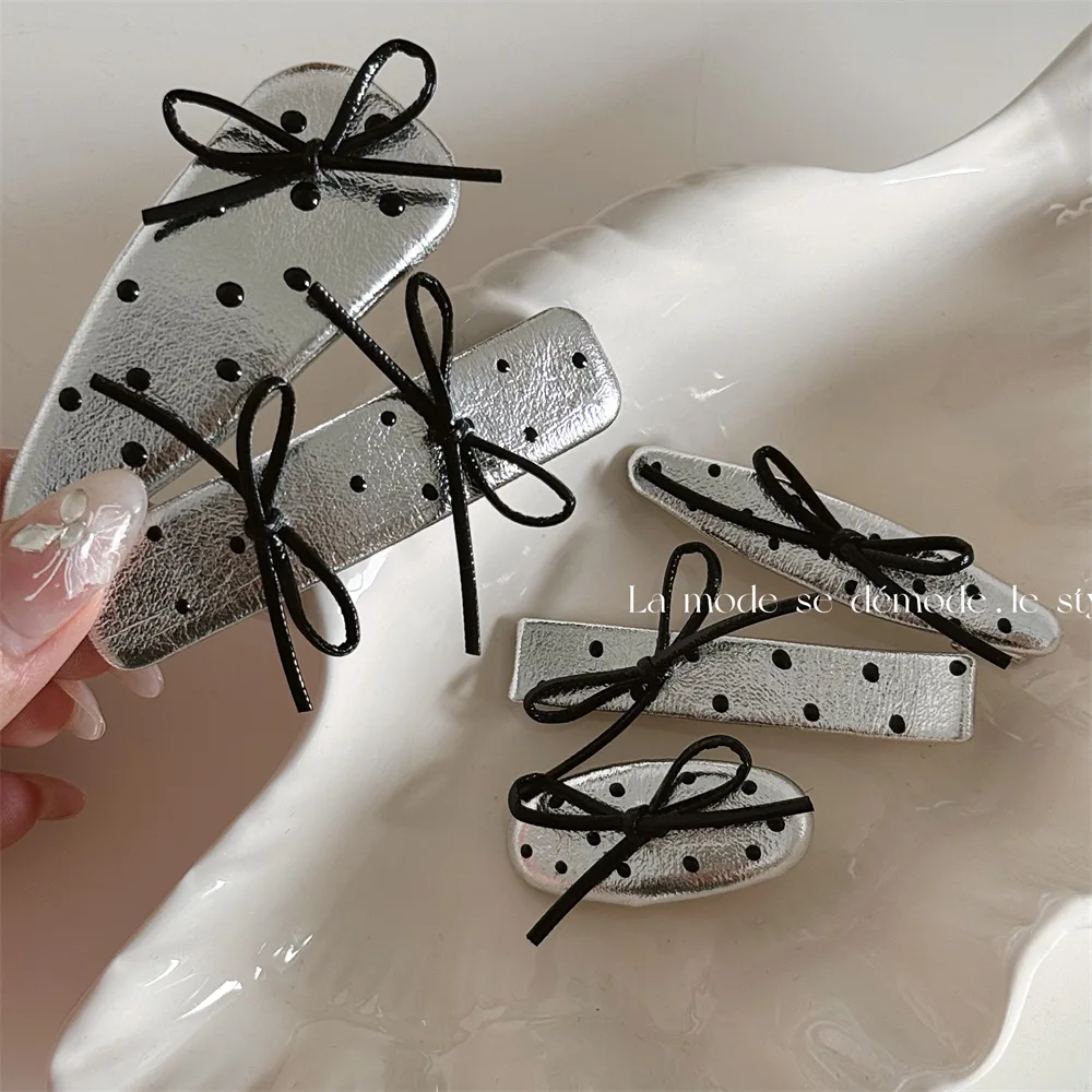 Hair Clip Silver Polka Dot Leather Bow Gentle No Pull Side Bangs Holder Durable Comfortable for Daily Home Office Travel
