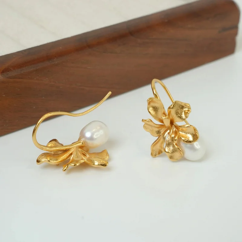 Litheline 24K Gold Plated Brass Iris Flower Fish Hook Earrings, Baroque Pearl Lead-Nickel-Sensitive Piercings Friendly view 4