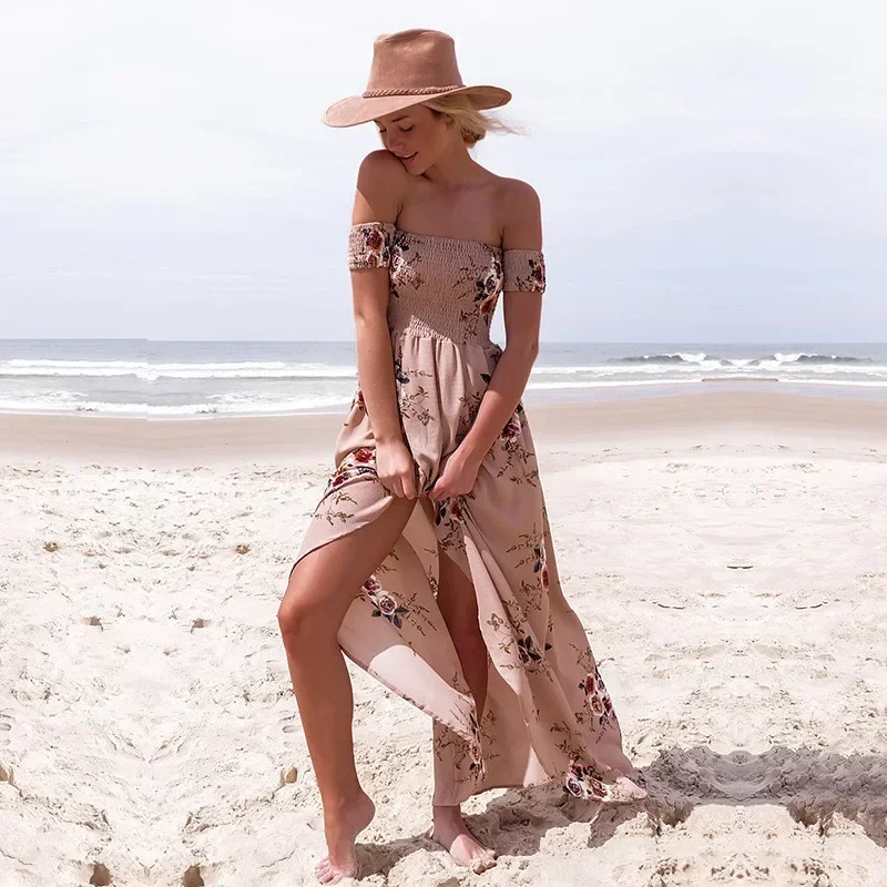 Dames off-shoulder bloemenprint boho-jurk mode strand zomerjurken dames strapless lange maxi-jurk