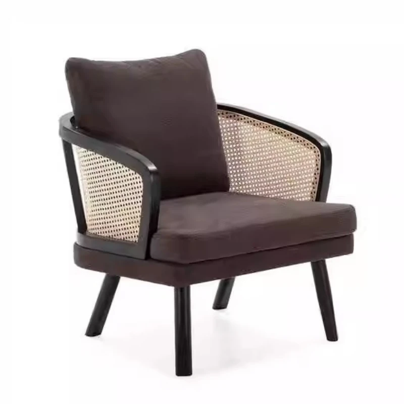 

French retro solid wood single so fa chair household living room simple rattan ch air B & B hotel balcony rattan leisure c