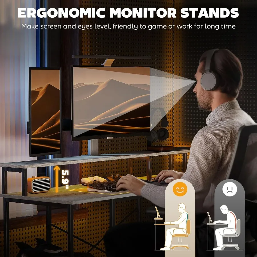 مكتب على شكل حرف L مع أضواء LED ومنافذ طاقة 59 مكتب ألعاب مع حامل شاشة وأرفف تخزين للمنزل والمكتب والمنتجعات الصحية الصغيرة
