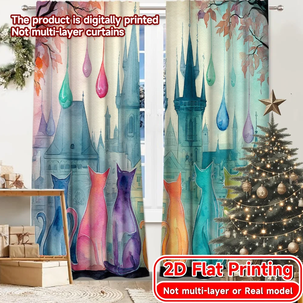 2D FLAT PRINTING 2pcs Curtains (Without Rod) Colorful Cats in Rain Holiday Easter Printed Curtains Polyester Curtains