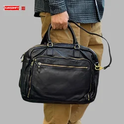 Business Genuine Leather Men's Briefcase 14-15.6 Inch Laptop Bag Large Capacity Handbags Simple Shoulder Crossbody File Bags