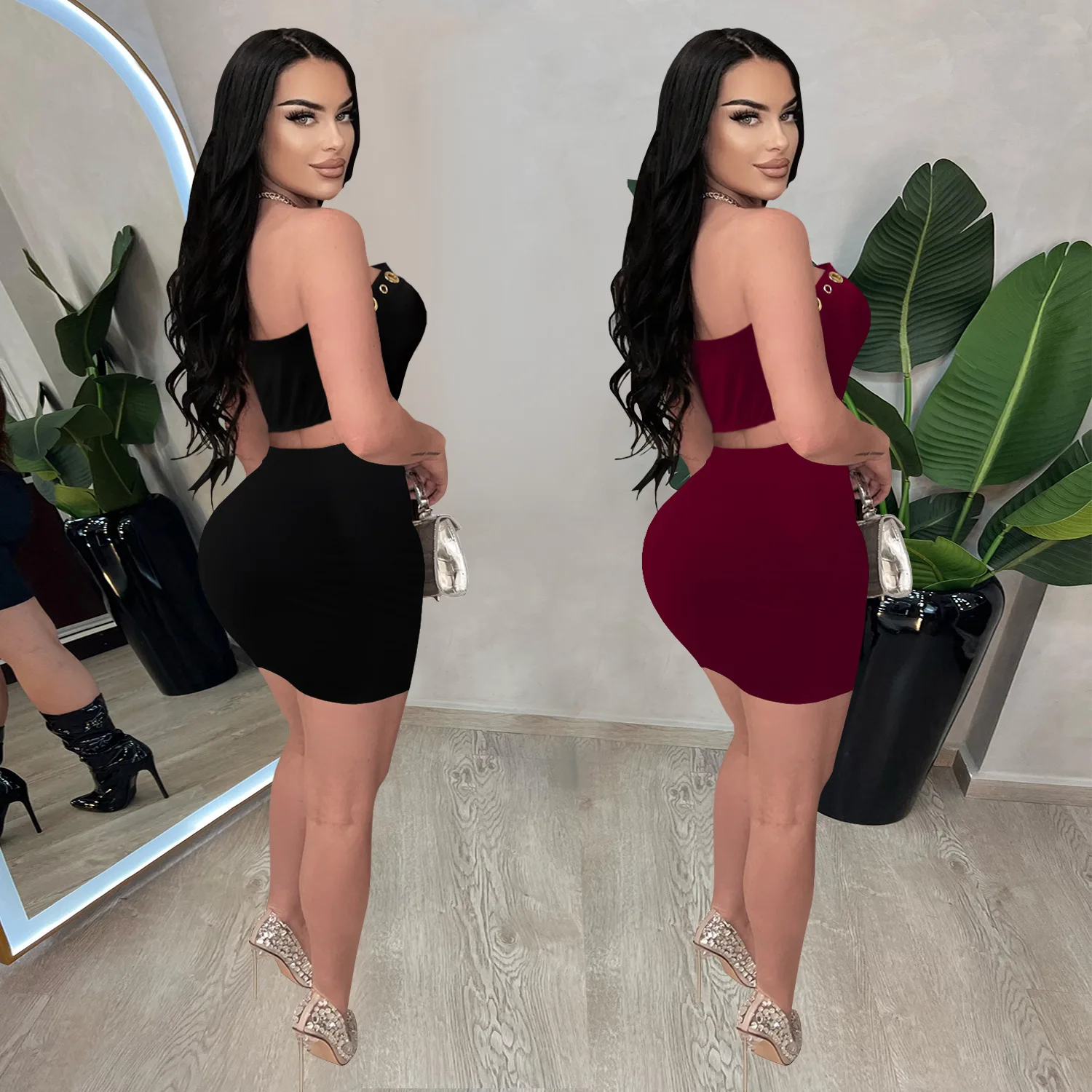 Women's Sexy Holes Decor V Neck Sleeveless Bandeau Tank Top and Two piece set of hip hugging skirt Fashionable mini skirt