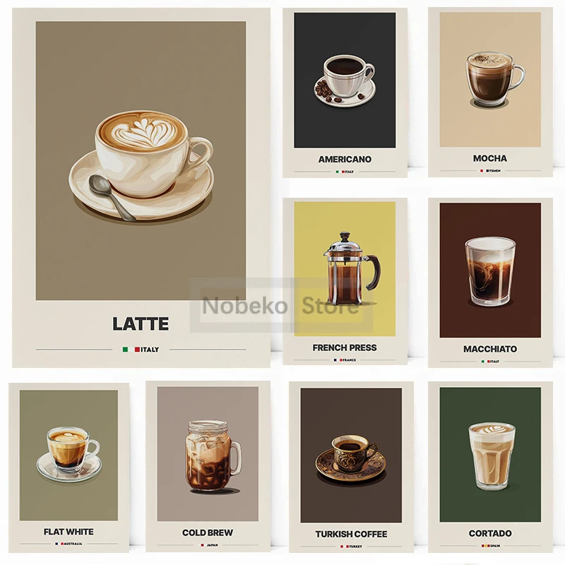 Italian Coffee Minimalist Poster Americano Latte Mocha Cappuccino  Espresso Prints Canvas Wall Art Pictures Home Room Cafe Decor