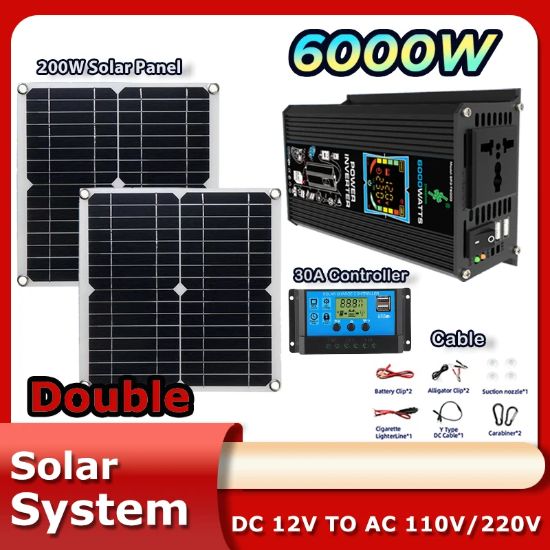 Solar Power System Full Set Photovoltaic 6000W Solar Inverter 30A Controller 2*200W Solar Panel 220v for House Camping Car RV