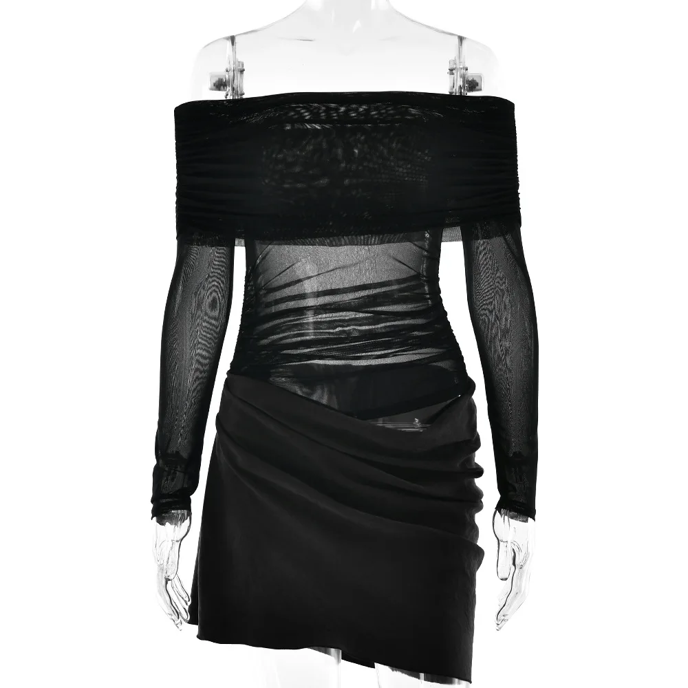 2025年夏新作　スパイシーホットガール　セクシーメッシュボディコンミディドレス　長袖　ルーシュカットアウトガウン　スクエアネック　メッシュドレス