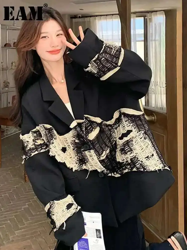 EAM mujeres negro tejido empalmado talla grande chaqueta Irregular solapa nueva chaqueta de manga larga moda tendencia primavera otoño 2024 30A2521