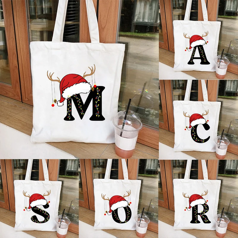 Christmas Light Hat 26 Letter Print Canvas Tote Bag Women Shoulder Bag Aesthetics Alphabet Shopping Christmas Party HandBags