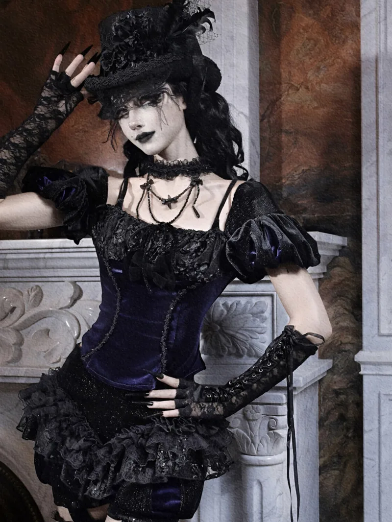 

Новая готическая одежда, женская фиеста, карнавал, Хэллоуин, косплей, бархатные топы с пышными рукавами и открытой спиной, черные, темные