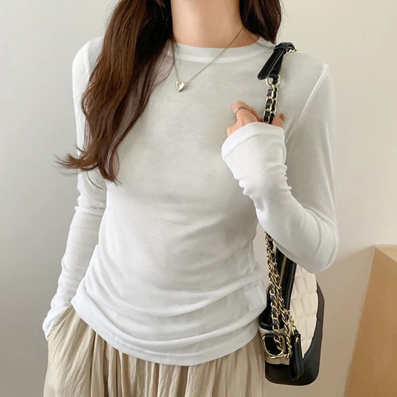 여성용 기본 긴팔 상의 티셔츠, 스키니 O넥 티셔츠, 한국 스타일 의류, 가을