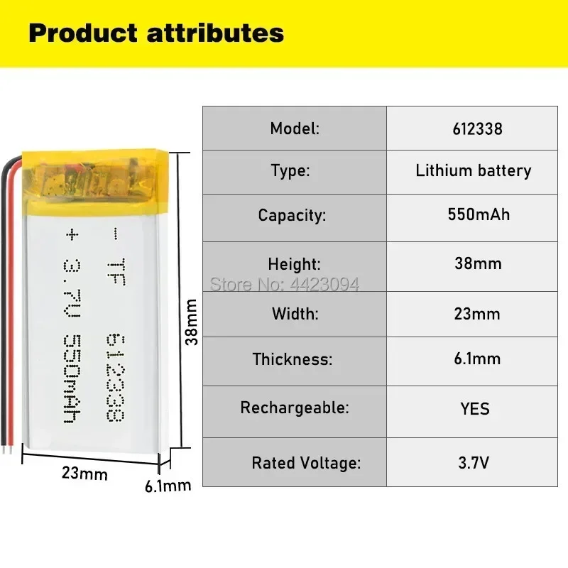 Lithium Polymer 3.7V 550mAh 612338 Li-Po Li ion Rechargeable Battery Lipo Cells for DVR GPS MP3 MP4 Cell Phone Speaker