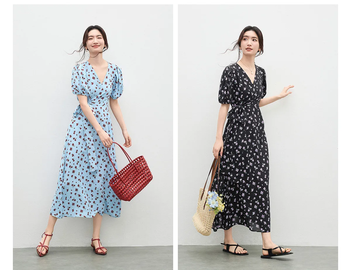 SENTUBILA 2026 Sommer-Blumenkleider für Damen, Französischer V-Ausschnitt, Puffärmel, Elegantes Taillenband, Figurbetontes Bedrucktes Midi-Kleid W62LF7571 – Detail 15