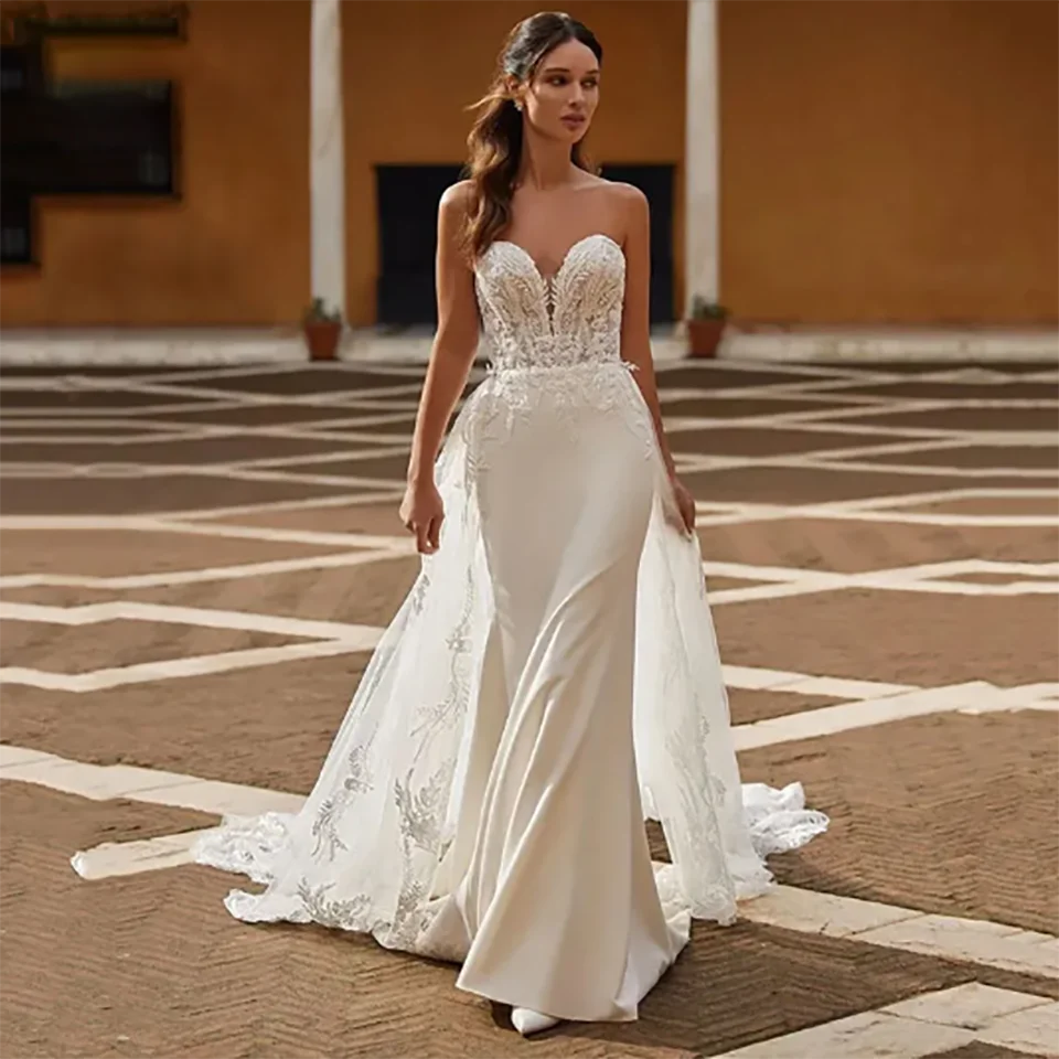 Aangepaste Applicaties Sweetheart Strapless Zeemeermin Trouwjurken 2025, Knoppen Met Hofsleep Tule Bruidsjurken Voor Vrouwen