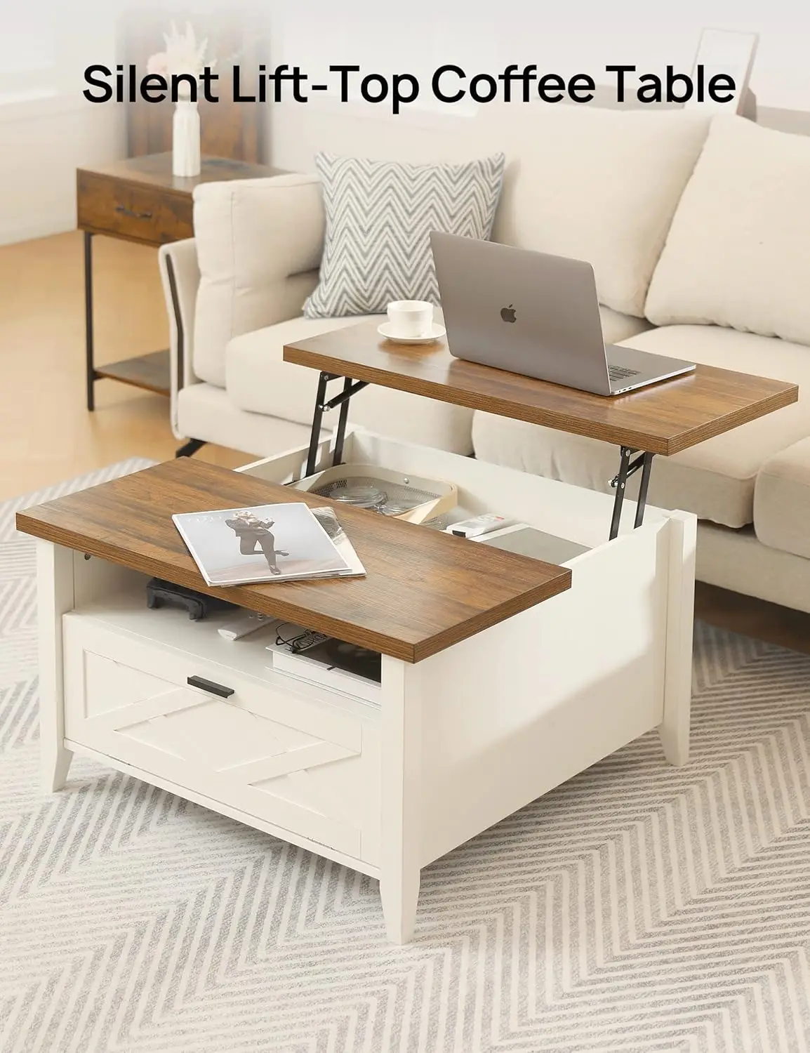 Dining Table with Storage Shelf, Retro Coffee Table, Farmhouse Storage with Lift Tabletop for Living Room, Office,White