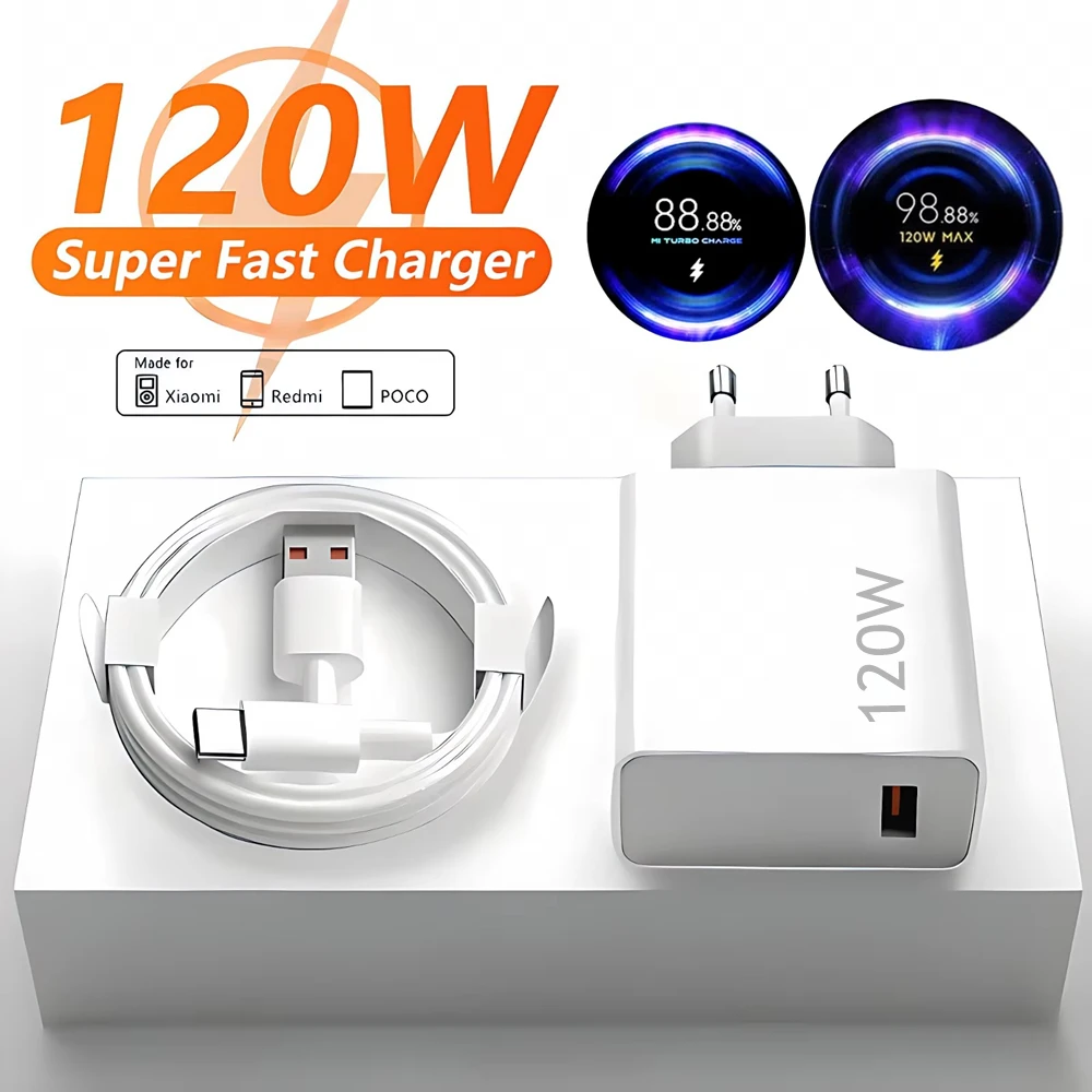 

Быстрое зарядное устройство USB 6A 120W EU для Xiaomi 11 12 13 14 15 Ultra, Redmi Note 11T 12 13, POCO F6 X5 Pro, кабель для турбо-зарядки Type-C