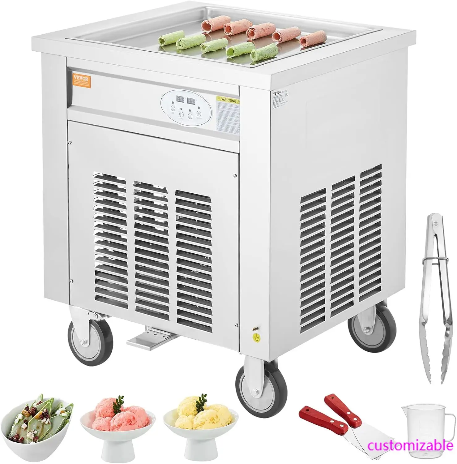 

Fried Ice Cream Roll Machine, 19.7" x 19.7" Square Stir-Fried Ice Cream Pan, Stainless Steel Commercial Rolled Ice Cream Maker