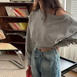 DEEPTOWN Y2k Off Shoulder Sweatshirts Women 2024 Autumn Korean Streetwear Long Sleeve Loose Sexy Grey Sweatshirts Crop Top