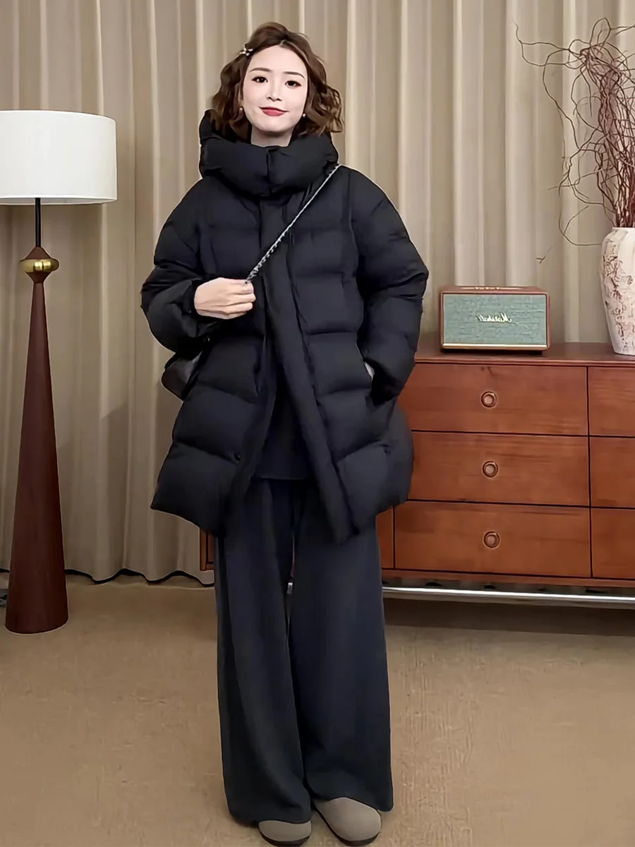 

Casual Sle Long Bla Women's down Jaet White Du Feather Warm Loose Fit Hooded Coat Thiened Winter Outerwear