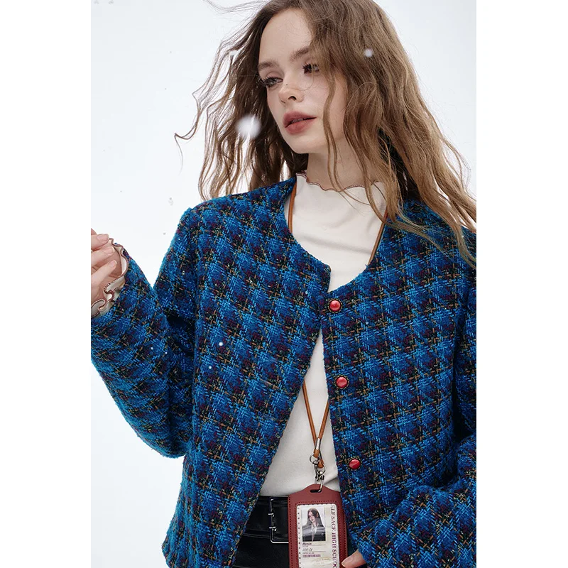 ELFSACK 2025 Winter New Arrivals Y2K Vintage Check Round Neck Short Jacket For Woman - Image 4