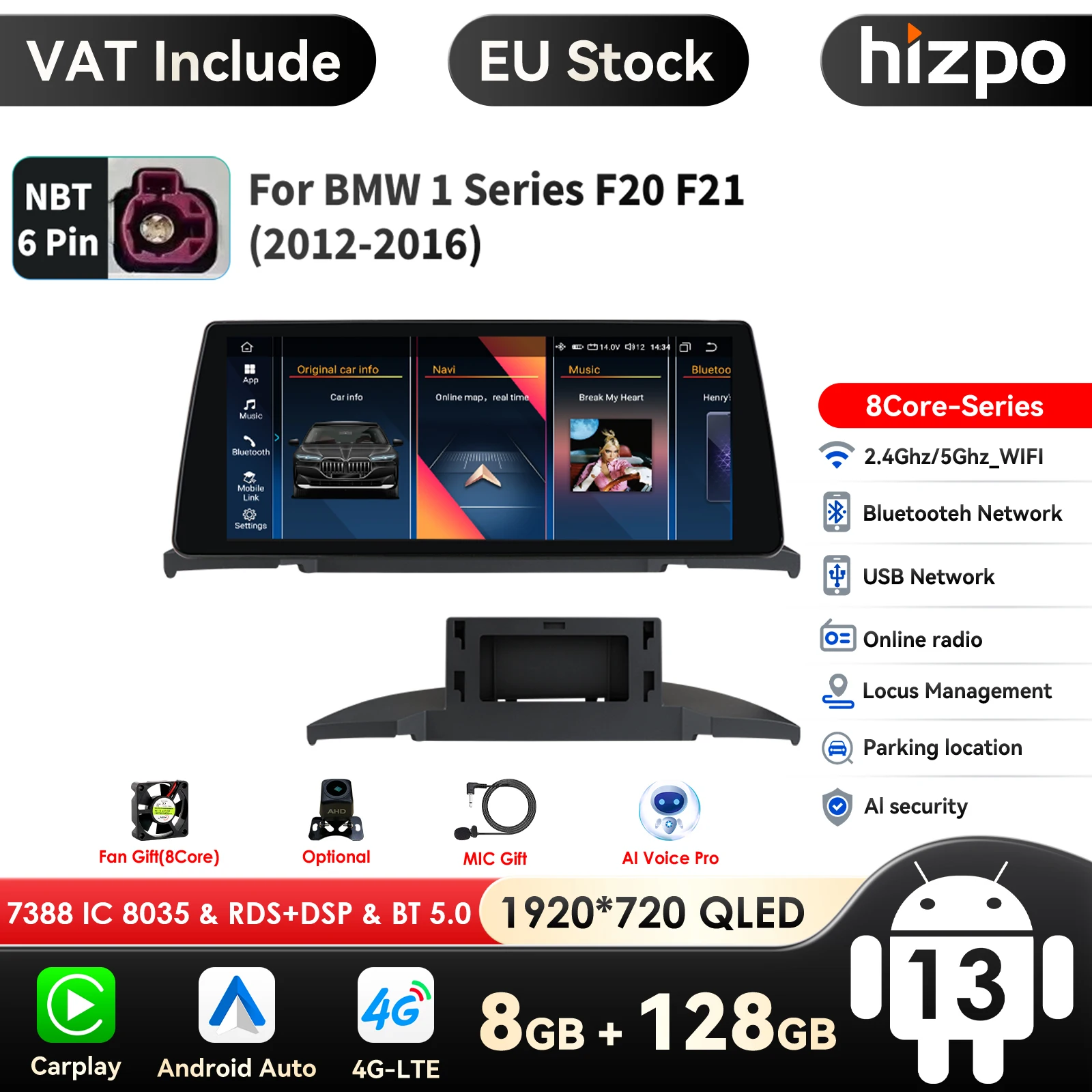 Hizpo inalámbrico Carplay Android 14 para BMW 1 serie F20 F21 NBT sistemas 2011 - 2016 reproductor Multimedia pantalla de Radio automática vídeo GPS