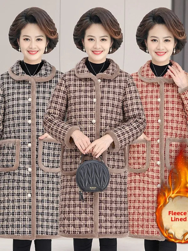 

Утепленное хлопковое пальто с отложным воротником, теплое, в клетку, средней длины, осенне-зимняя одежда для женщин среднего и старшего возраста