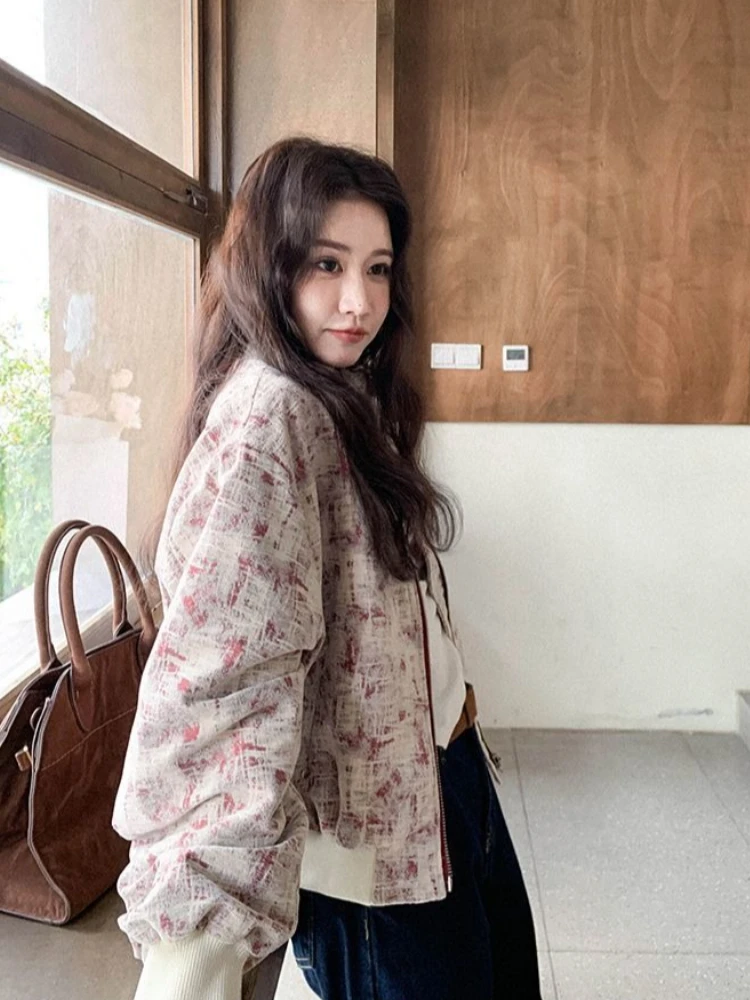 ​ 2025 novo estilo coreano jaqueta de beisebol feminina com impressão na moda solto ajuste petite outono outerwear venda quente ​