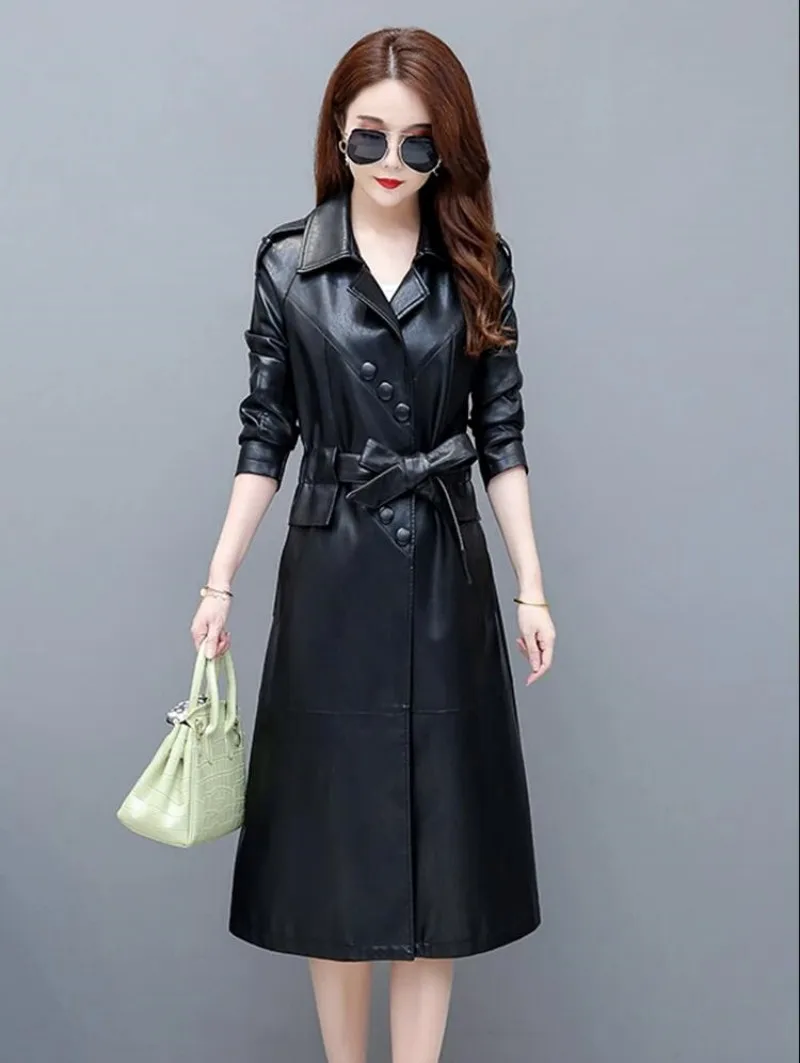 2023 Autumn Winter Long Leather Trench Coats Genuine Leather Jackets Women Long Sleeve Coats Lace-up Female Sheepskin Outwear