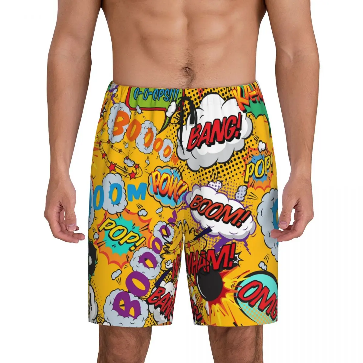 

Custom Superhero Comic Book Pop Art Shout Outs Cartoon Pajama Bottoms for Men Sleep Shorts Drawstring Sleepwear Pjs with Pockets